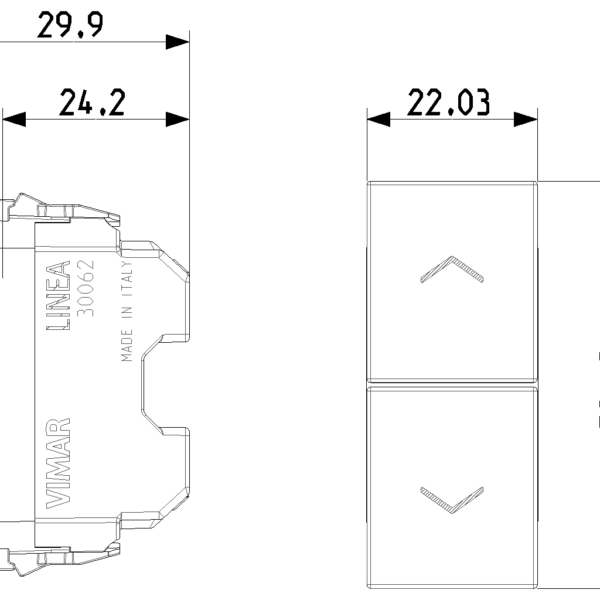 Doi pulsanti interblocati NO+NO 10A Negru Vimar LINEA 30062.G – Negru matt, Buton jaluzele, Intrerupator jaluzele – vedere frontală – partener oficial Vimar