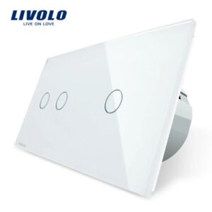 Intrerupator dublu + simplu cu touch Livolo din sticla VL-C702/C701-11 – Alb, Standard German – vedere frontală – partener oficial Livolo