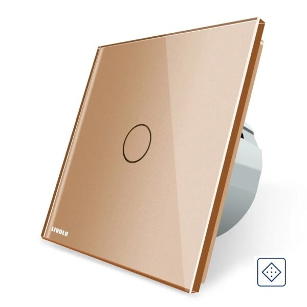 Intrerupator simplu cu revenire / contact uscat Livolo cu touch din sticla VL-C701CH-13 – Auriu, Standard German – vedere frontală – partener oficial Livolo