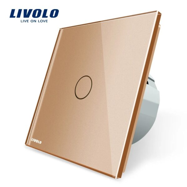 Intrerupator simplu cu touch Livolo din sticla VL-C701-13 – Auriu, Standard German – vedere frontală – partener oficial Livolo