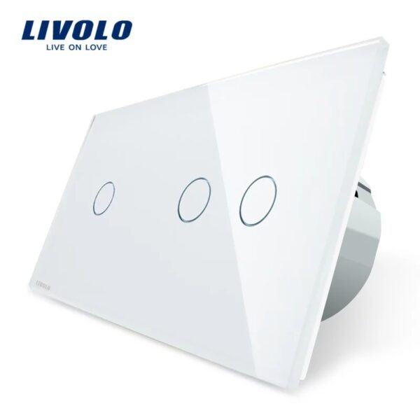Intrerupator simplu + dublu cu touch Livolo din sticla VL-C701/C702-11 – Alb, Standard German – vedere frontală – partener oficial Livolo