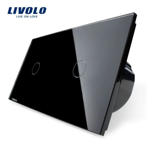 Intrerupator simplu + simplu cu touch Livolo din sticla VL-C701/C701-12 – Negru, Standard German – vedere frontală – partener oficial Livolo