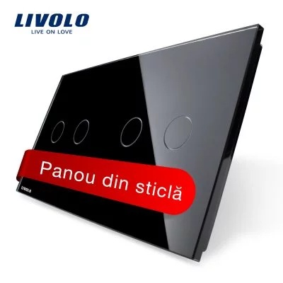 Panou intrerupator dublu+dublu cu touch Livolo din sticla VL-P702/02-4B – Negru, Standard German – vedere frontală – partener oficial Livolo