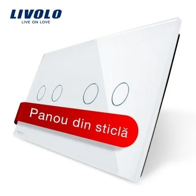 Panou intrerupator dublu+dublu cu touch Livolo din sticla VL-P702/02-4W – Alb, Standard German – vedere frontală – partener oficial Livolo