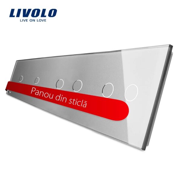 Panou intrerupator simplu+simplu+dublu+dublu cu touch LIVOLO din sticla BB-C7-C1/C1/C2/C2-15 – Gri, Standard German – vedere frontală – partener oficial Livolo