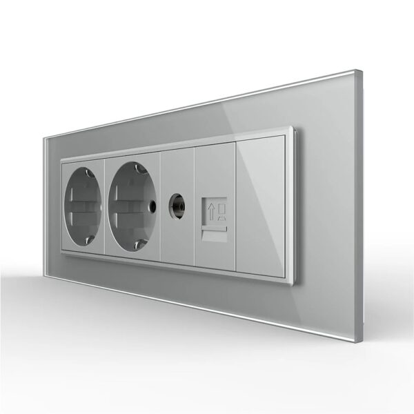 Priza Tripla cu Blank Livolo cu Rama din Sticla 2 Prize Schuko+TV/internet, standard italian  VL-C9-C3EU/VC-15 – Gri, Standard Italian – vedere frontală – partener oficial Livolo