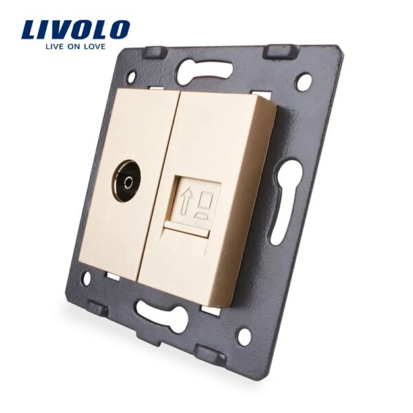 Priza dubla televizor + priza internet Livolo VL-1VC-13 – Auriu, Priza TV + date – vedere frontală – partener oficial Livolo