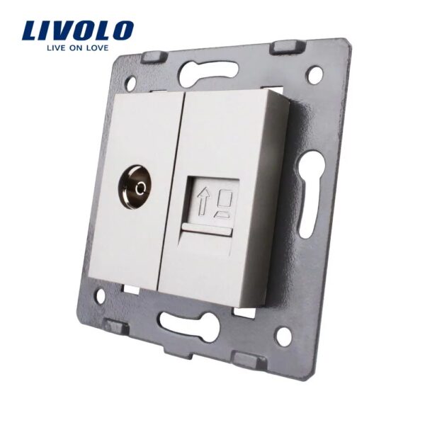 Priza dubla televizor + priza internet Livolo VL-1VC-15 – Gri, Priza TV + date – vedere frontală – partener oficial Livolo