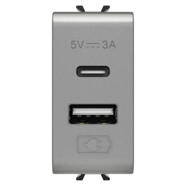 Priza incarcator USB tip A+C 5V 3A 1M Gewiss Chorus Titan lucios GW14449 – Titan lucios, Incarcator USB – vedere frontală – partener oficial Gewiss