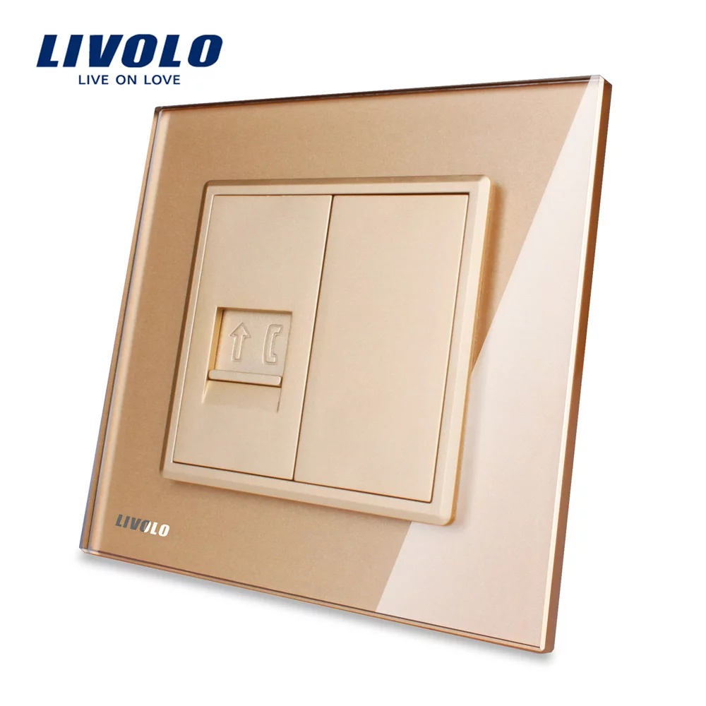 Priza simpla Telefon Livolo cu rama din sticla VL-C791T-13 Priza simpla Telefon Livolo cu rama din sticla VL-C791T-13 – Auriu, Standard German – vedere frontală – partener oficial Livolo
