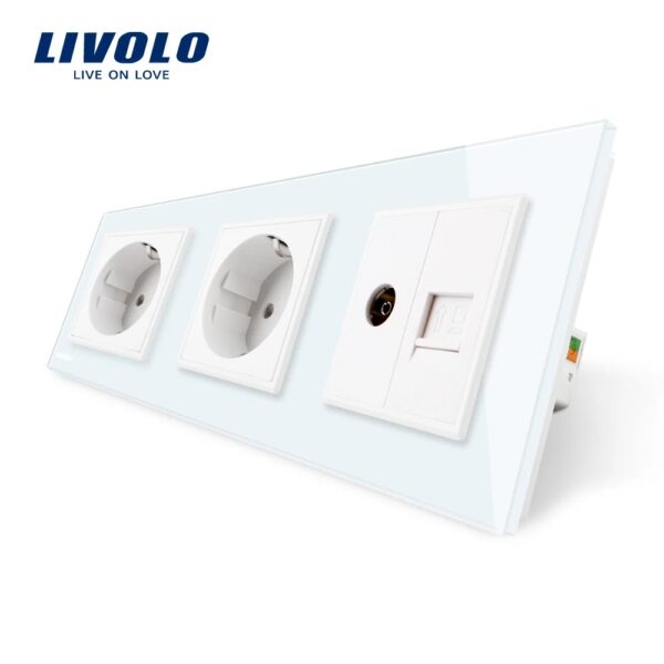 Priza tripla Livolo cu rama din sticla 2 prize simple+TV/internet VL-C7C3EU/VC-11 – Alb, Standard German – vedere frontală – partener oficial Livolo