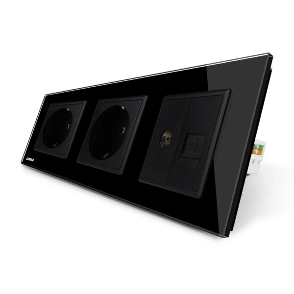 Priza tripla Livolo cu rama din sticla 2 prize simple+TV/internet VL-C7C3EU/VC-12 – Negru, Standard German – vedere frontală – partener oficial Livolo