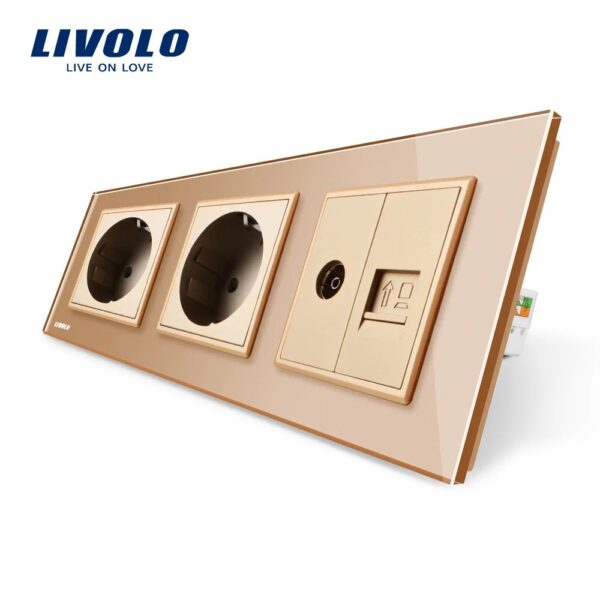 Priza tripla Livolo cu rama din sticla 2 prize simple+TV/internet VL-C7C3EU/VC-13 – Auriu, Standard German – vedere frontală – partener oficial Livolo