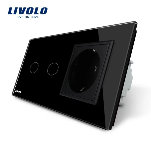 Intrerupator dublu cap scara / cap cruce + priza simpla Livolo rama din sticla VL-C702S-12/C7-C1EU-12