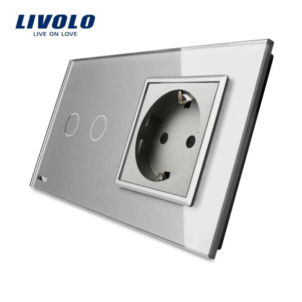Intrerupator dublu cap scara / cap cruce + priza simpla Livolo rama din sticla VL-C702S-12/C7-C1EU-15