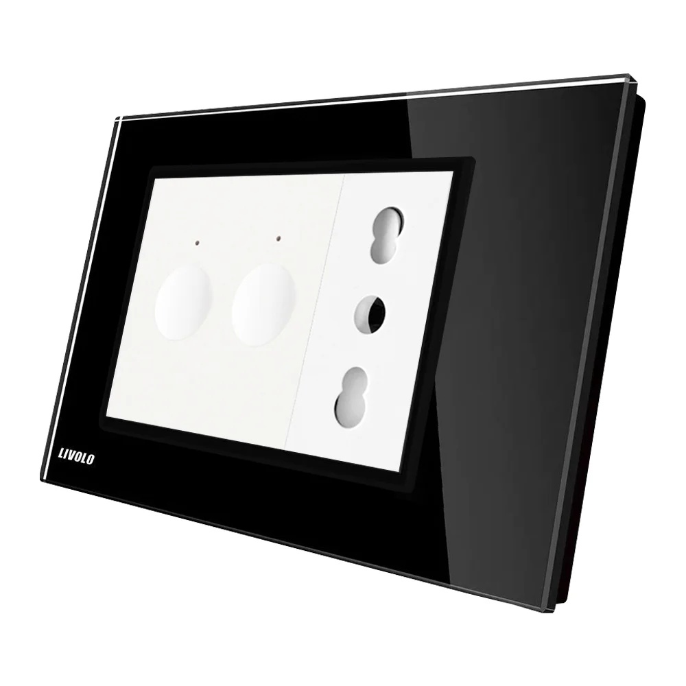 Intrerupator dublu + priza Livolo cu rama din sticla, Standard italian C9-782000211/1IT-82