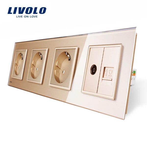 Priza cvadrupla Livolo cu rama din sticla 3 prize simple+TV/internet VL-C7-C4EU/VC-13