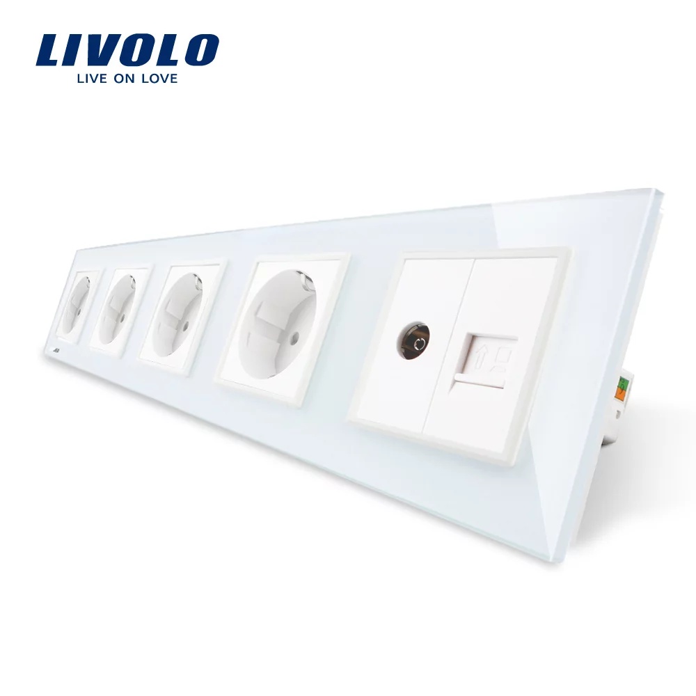 Priza cvintupla + priza TV Internet Livolo cu rama din sticla VL-C7C5EU/VC-11 Priza cvintupla + priza TV Internet Livolo cu rama din sticla VL-C7C5EU/VC-11