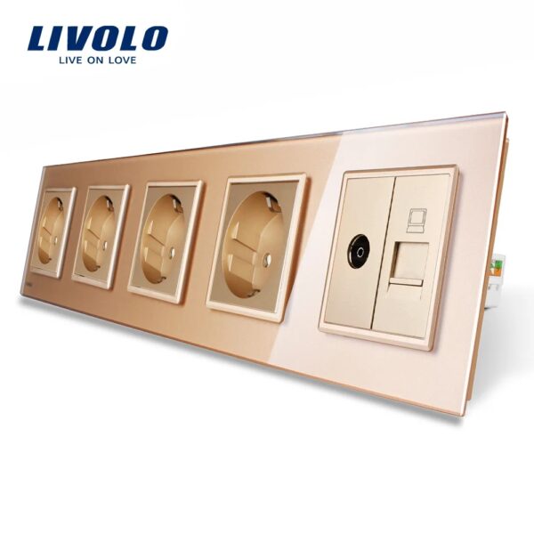 Priza cvintupla + priza TV Internet Livolo cu rama din sticla VL-C7C5EU/VC-13