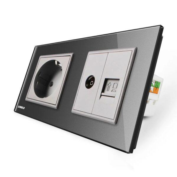 Priza dubla Livolo cu rama din sticla 1 priza Schuko+TV/internet VL-C7C2EU/VC-15