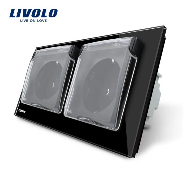 Priza dubla Livolo cu rama din sticla si capac de protectie rezistent la apa VL-C7C2EUWF-12