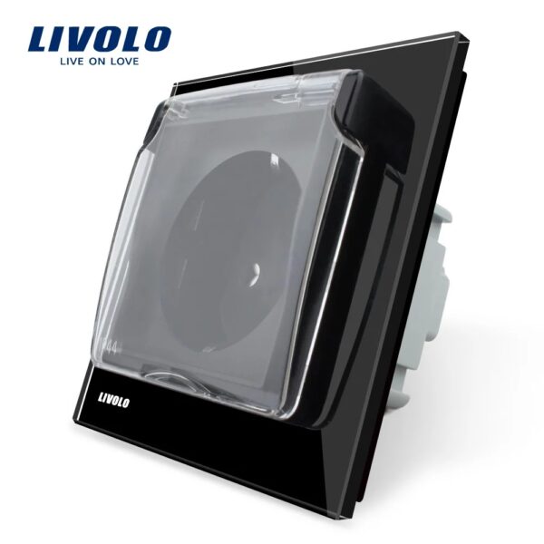Priza simpla Livolo cu rama din sticla si capac de protectie rezistent la apa VL-C7C1EUWF-12