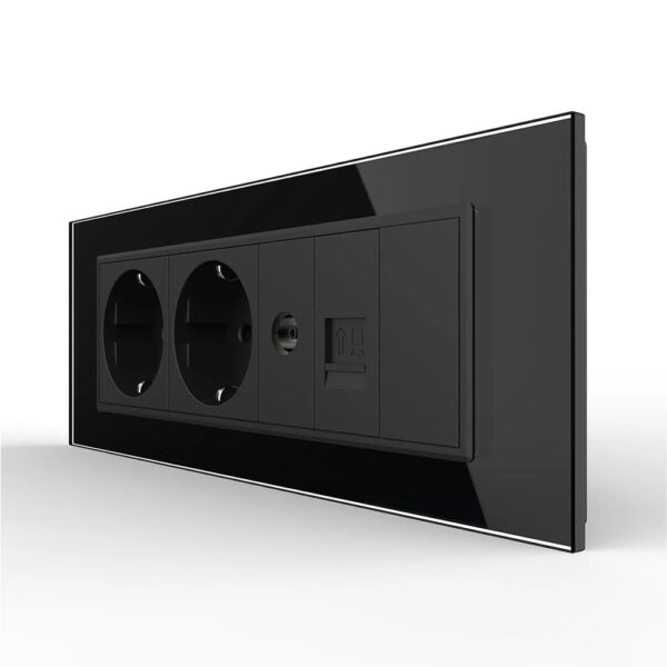 Priza Tripla cu Blank Livolo cu Rama din Sticla 2 Prize Schuko+TV/internet, standard italian  VL-C9-C3EU/VC-12