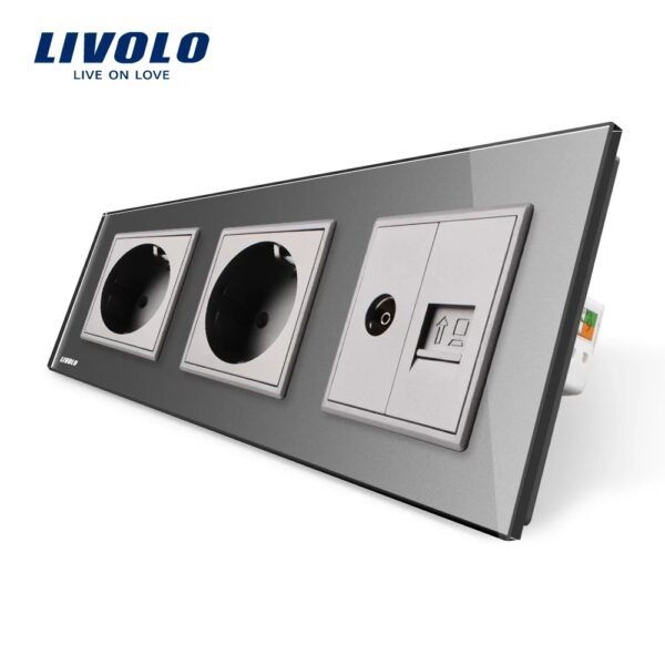 Priza tripla Livolo cu rama din sticla 2 prize simple+TV/internet VL-C7C3EU/VC-15