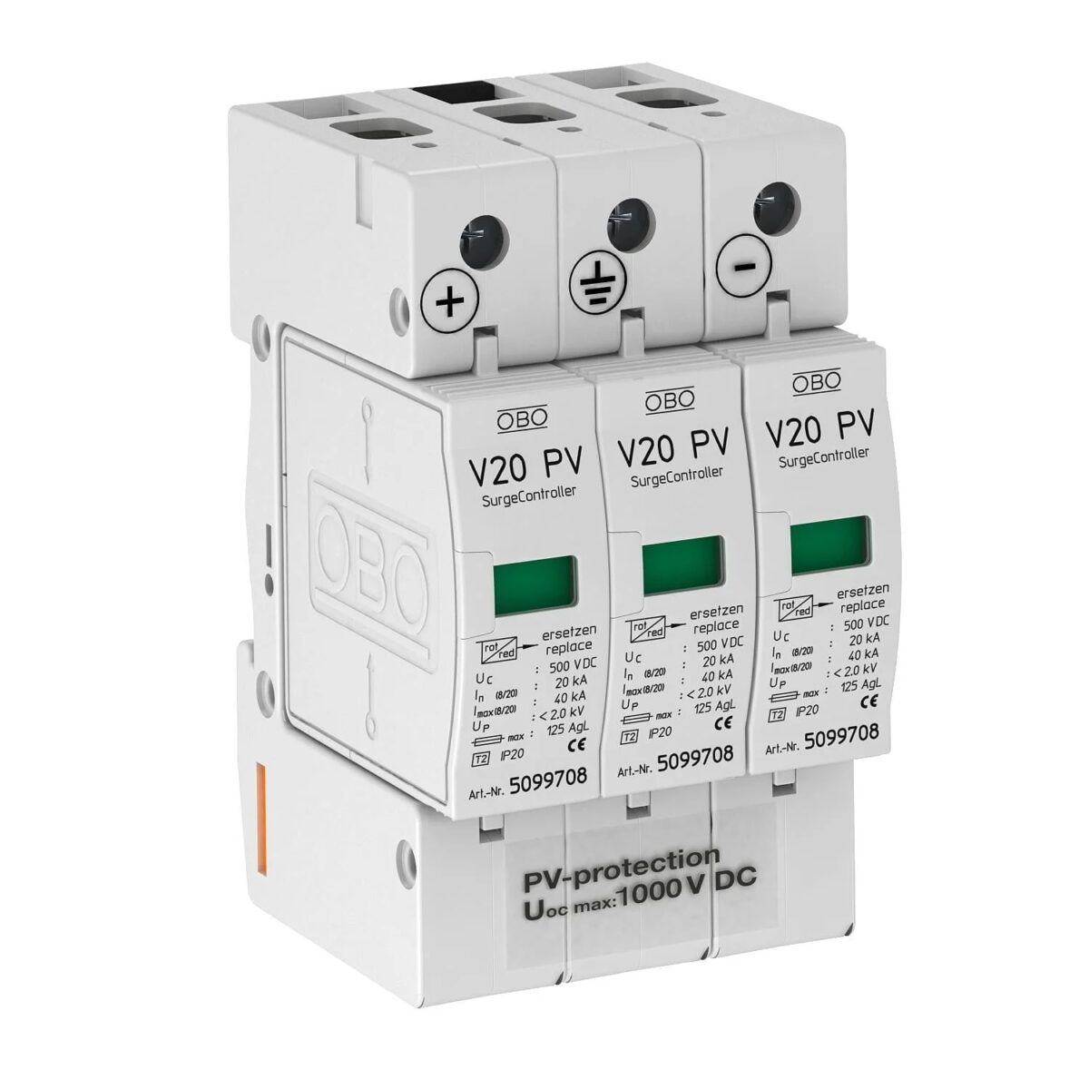 Descărcător Panouri Fotovoltaice V20, 1000 V DC OBO 5094608 – Tip 2, Fotovoltaic – vedere frontală – partener oficial Obo