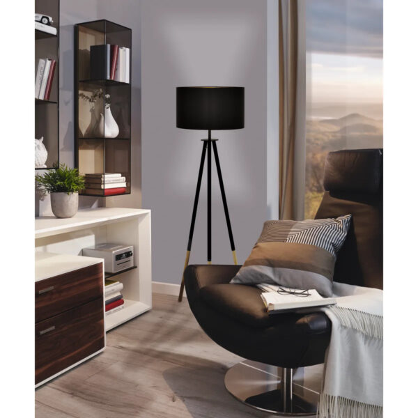 Lampadar BIDFORD E27 1X60W 1540mm Eglo 44098 – Lemn, Otel, Maro, Stofa, Aur, Cappuccino, "9002759440985" – imagine în ambient modern – partener oficial Eglo
