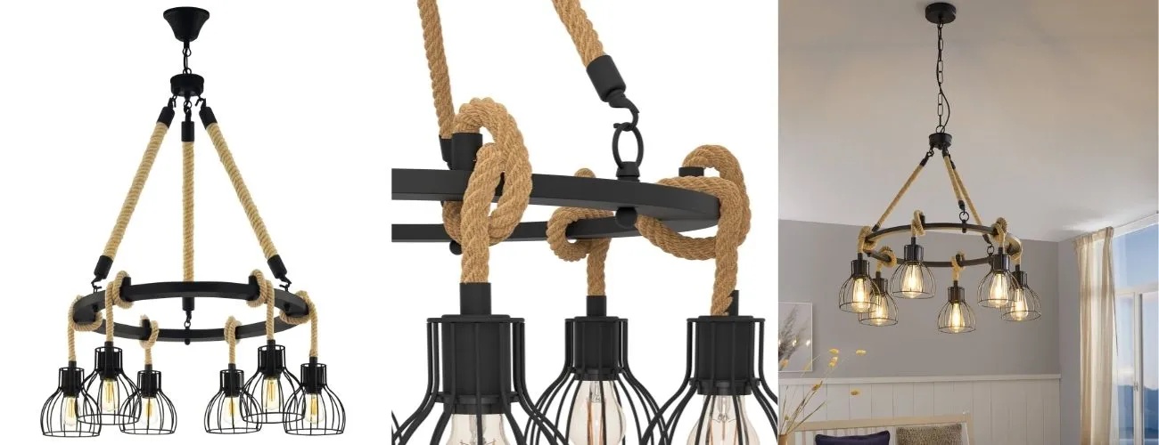 Lustra Rampside Eglo 43194 – design vintage industrial cu structură din oțel și sfoară textilă, parte din colecția de lustre pentru living vintage