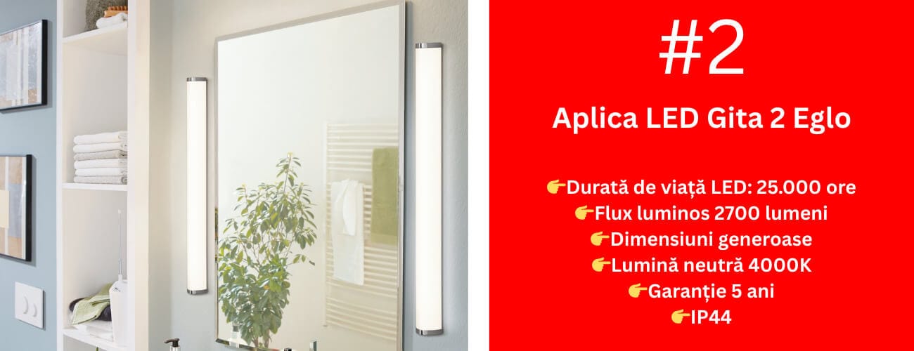 Aplica LED Gita 2 Eglo 94714 pentru baie cu 2700 lumeni, IP44, lumină neutră 4000K și garanție 5 ani