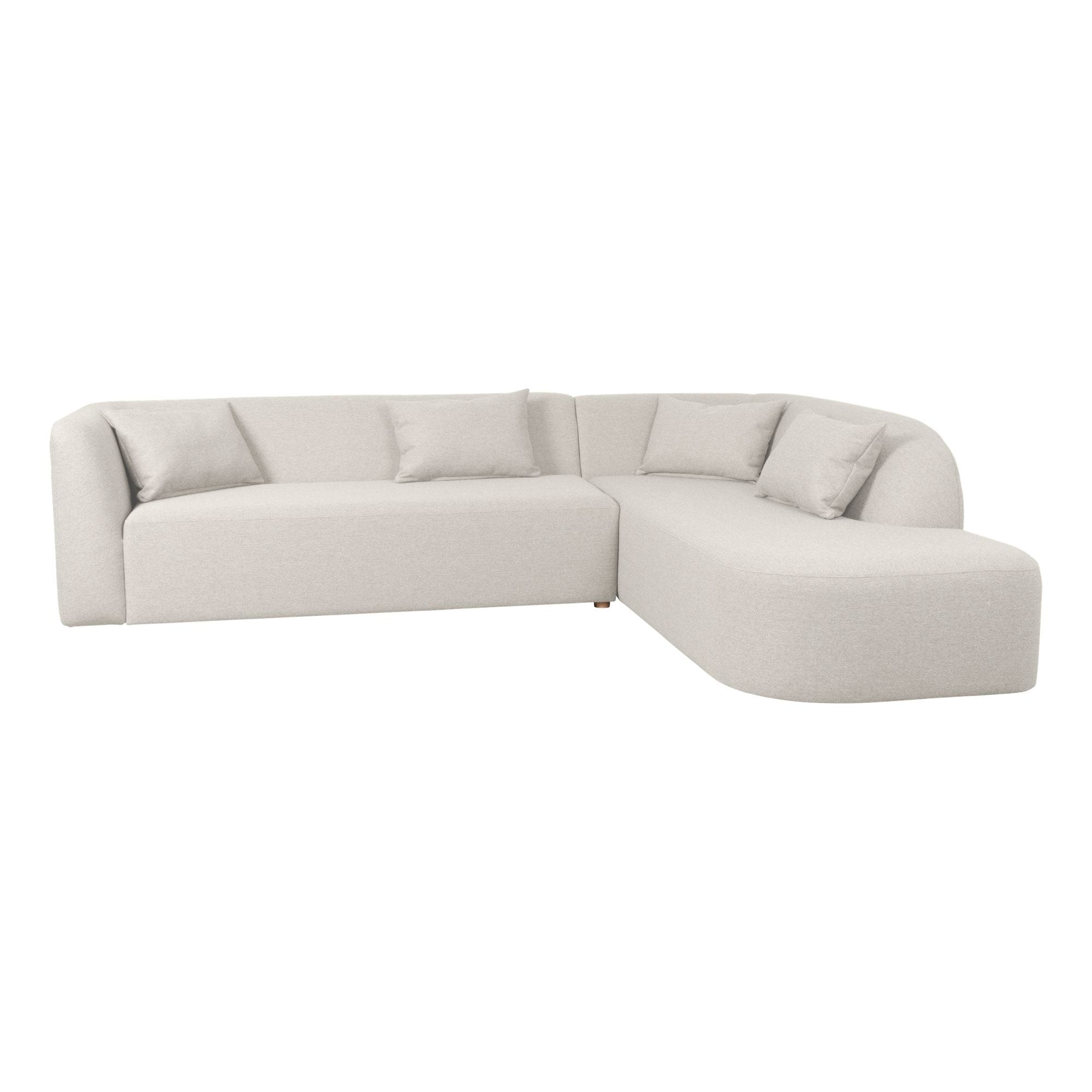 Light gray fabric sectional sofa with multiple cushions against a white background (studio shot).