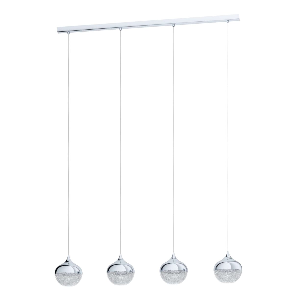 Lustra Mioglia 1 Eglo 98628 are o structură metalică cu finisaj cromat și 4 surse de lumină compatibile cu becuri E14 de până la 25W fiecare.