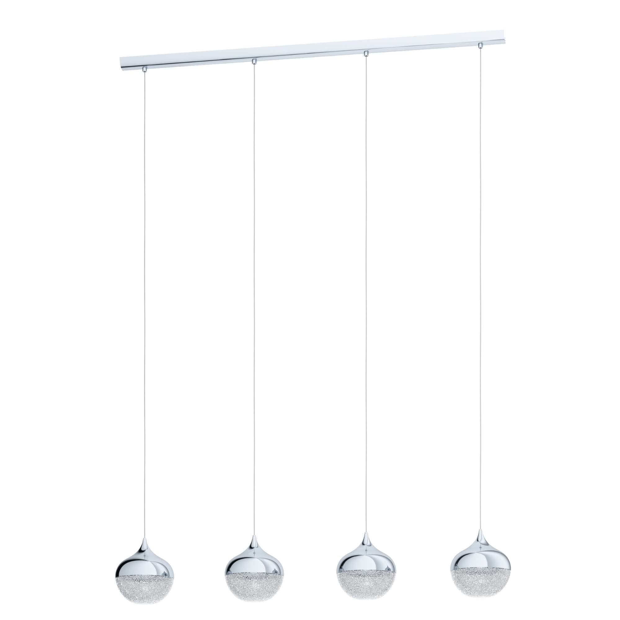 Lustra Mioglia 1 Eglo 98628 are o structură metalică cu finisaj cromat și 4 surse de lumină compatibile cu becuri E14 de până la 25W fiecare.
