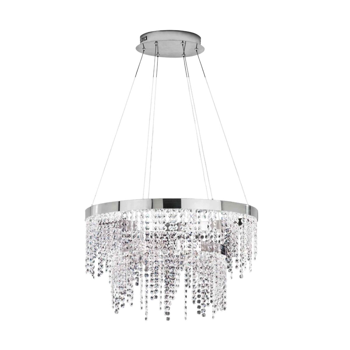 Lustra cu cristale Antelao Eglo 39281 cu structură metalică cromată și LED integrat de 45W oferă 6700 lumeni și lumină neutră 4000K.