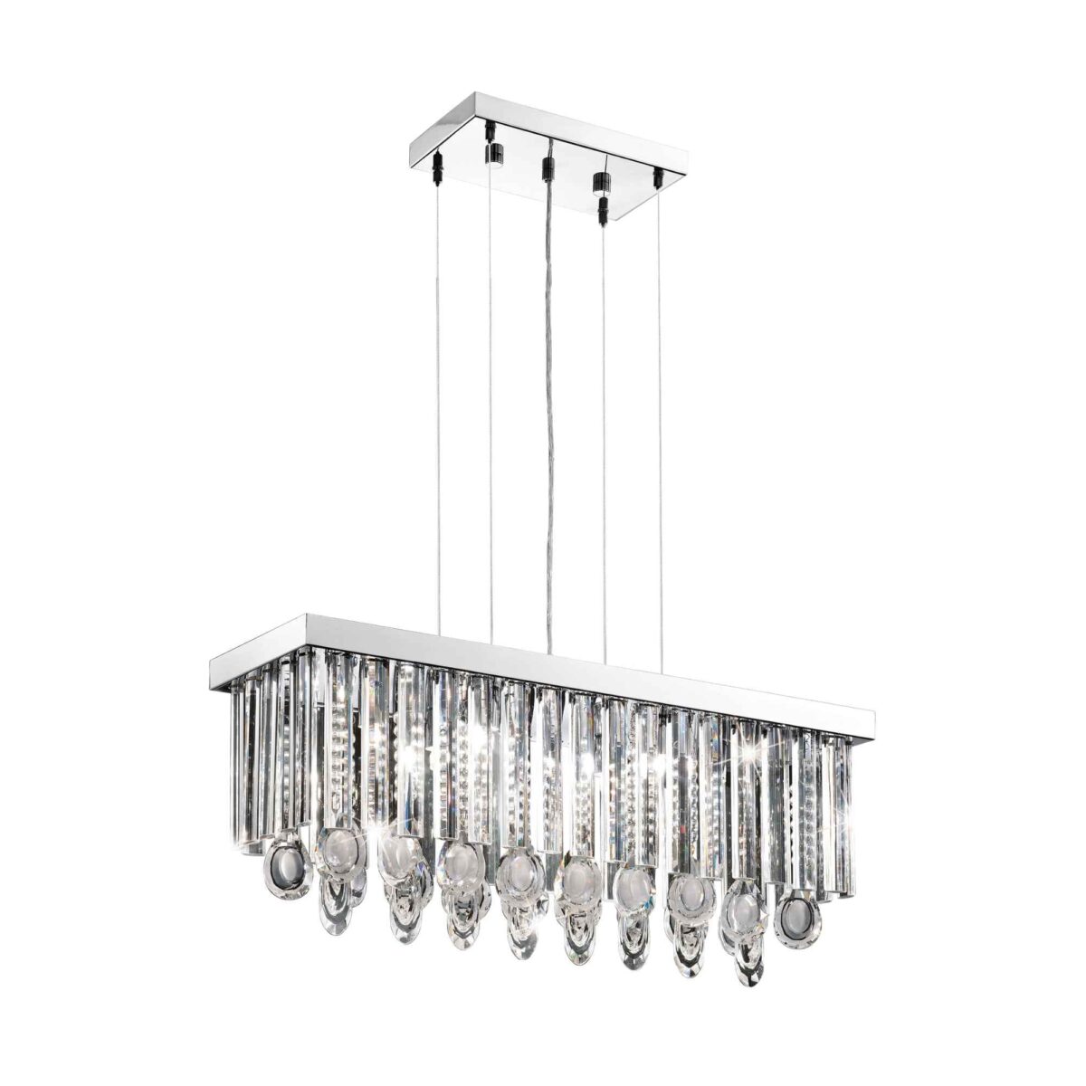 Lustra cu cristale Calaonda Eglo 93422 cu structură din inox și 7 surse de iluminat cu dulie G9 de până la 33W fiecare.