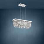 Lustra cu cristale Calaonda Eglo 93422 în ambient elegant, suspendată de tavan cu iluminarea aprinsă, punând în valoare cristalele transparente și structura cromată.