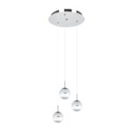 Lustra cu cristale Montefio 1 Eglo 93709 cu structură metalică cromată și 3 surse de iluminat cu LED integrat de 5W fiecare oferă 1500 lumeni și lumină caldă 3000K.
