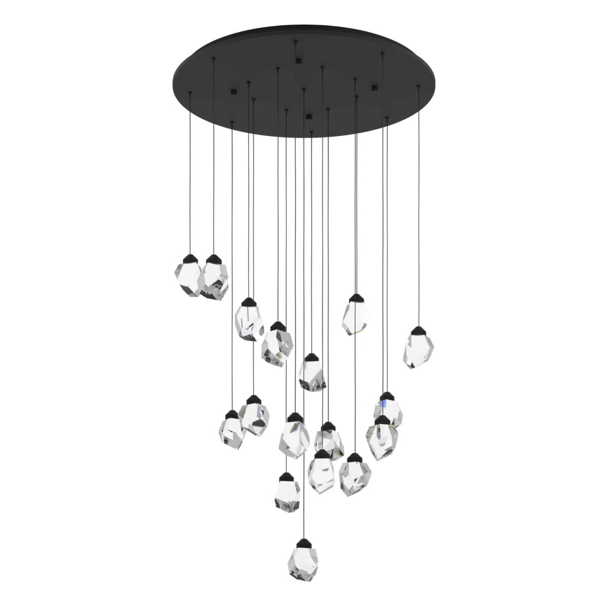 Lustra cu cristale Sindicat Eglo 390413 cu structură metalică neagră și 17 surse de iluminat cu LED integrat de 3W fiecare oferă 5950 lumeni și lumină caldă 3000K.