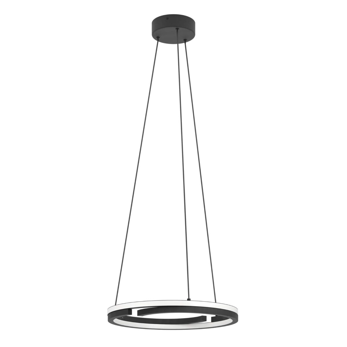 Lustra cu telecomandă Mezzomonte Eglo 901822 are 2 inele de culoare neagră cu led integrat, fiecare oferă 22W, 2220 lumeni și lumină reglabilă de tip caldă, neutră sau rece.