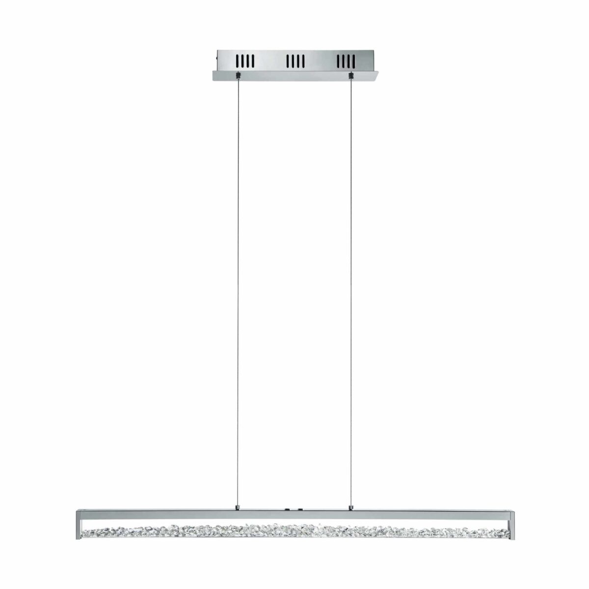 Lustra LED Cardito 1 Eglo 93626 cu finisaj cromat, oferă 3420 lumeni și lumină reglabilă 2700–5000K printr-un variator tactil inclus.