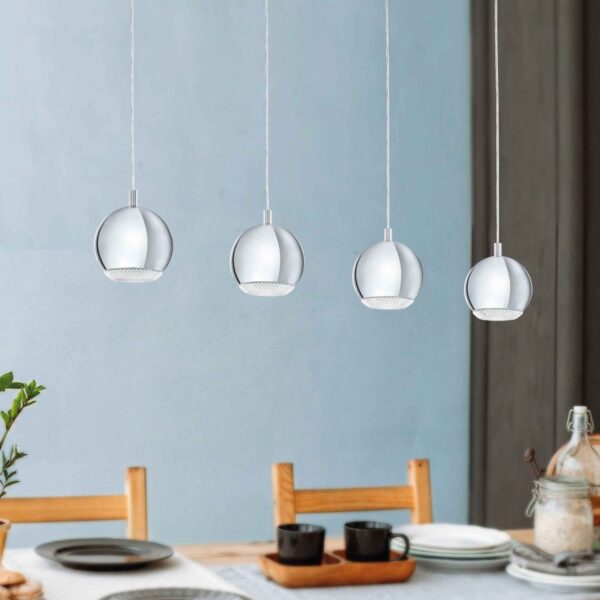Lustra LED Conessa Eglo 95912 în ambient modern, cu lumina aprinsă deasupra unei mese.