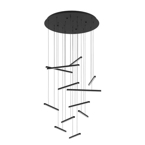 Lustra LED Lindoza Eglo 390351 cu 12 pendule de 8,4W fiecare oferă lumină caldă și flux luminos de 12000 lumeni.