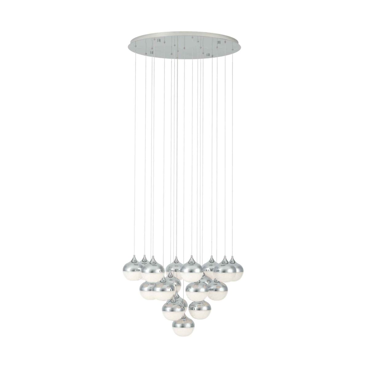Lustra LED Mioglia 39528 Eglo cu structură metalică în finisaj cromat și 18 surse de lumină a 3,15W fiecare, oferă un flux luminos de 8280 lumeni și lumină caldă 3000K.