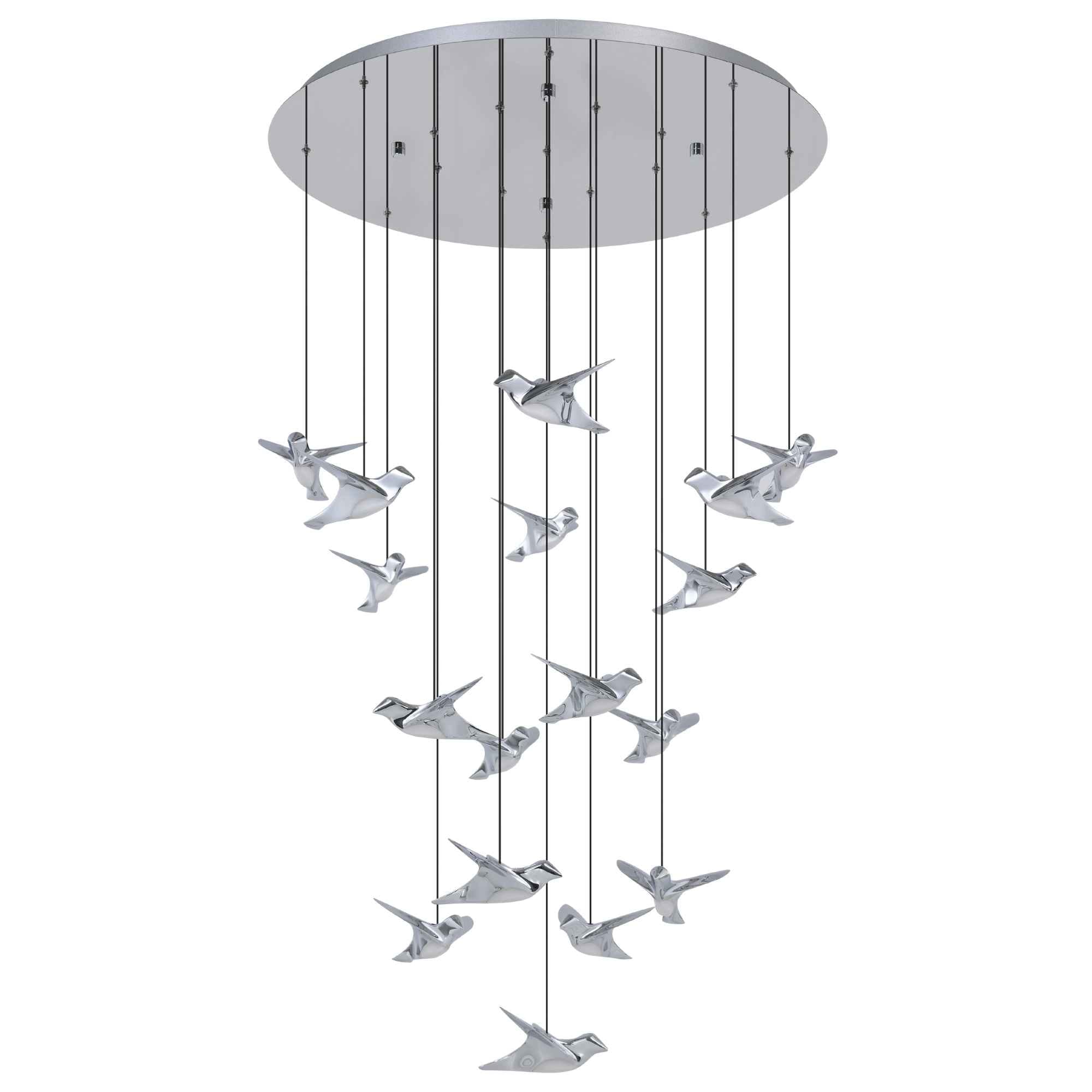 Lustra LED Paratebueno 1 Eglo 390402 are o structură metalică cromată și 17 surse de iluminat suspendate a cate 3W fiecare în formă de păsări ce oferă 6460 lumeni, lumină caldă 3000K și funcție dimabilă.