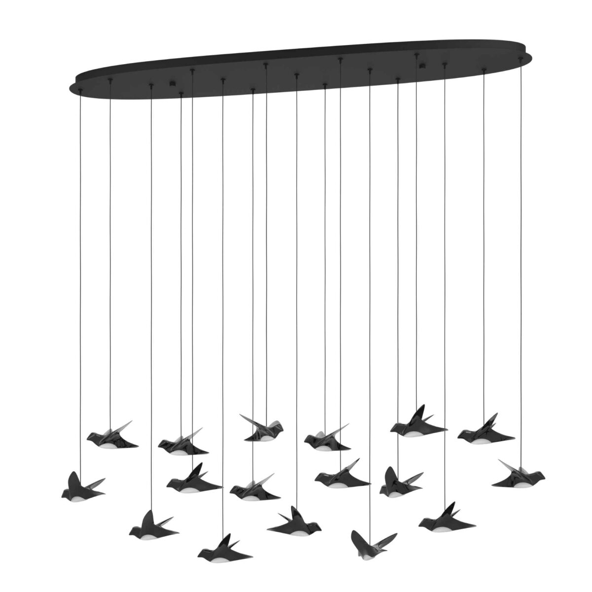 Lustra LED Paratebueno Eglo 390353 are o structură ovală neagră și 17 surse de iluminat suspendate a cate 3W fiecare în formă de păsări ce oferă 6460 lumeni, lumină caldă 3000K și funcție dimabilă.