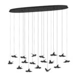 Lustra LED Paratebueno Eglo 390353 are o structură ovală neagră și 17 surse de iluminat suspendate a cate 3W fiecare în formă de păsări ce oferă 6460 lumeni, lumină caldă 3000K și funcție dimabilă.