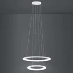 Lustra LED Penaforte Eglo 39273 prezentată cu cele două inele luminoase dispuse pe nivele ce oferă lumină caldă și 6400 lumeni.