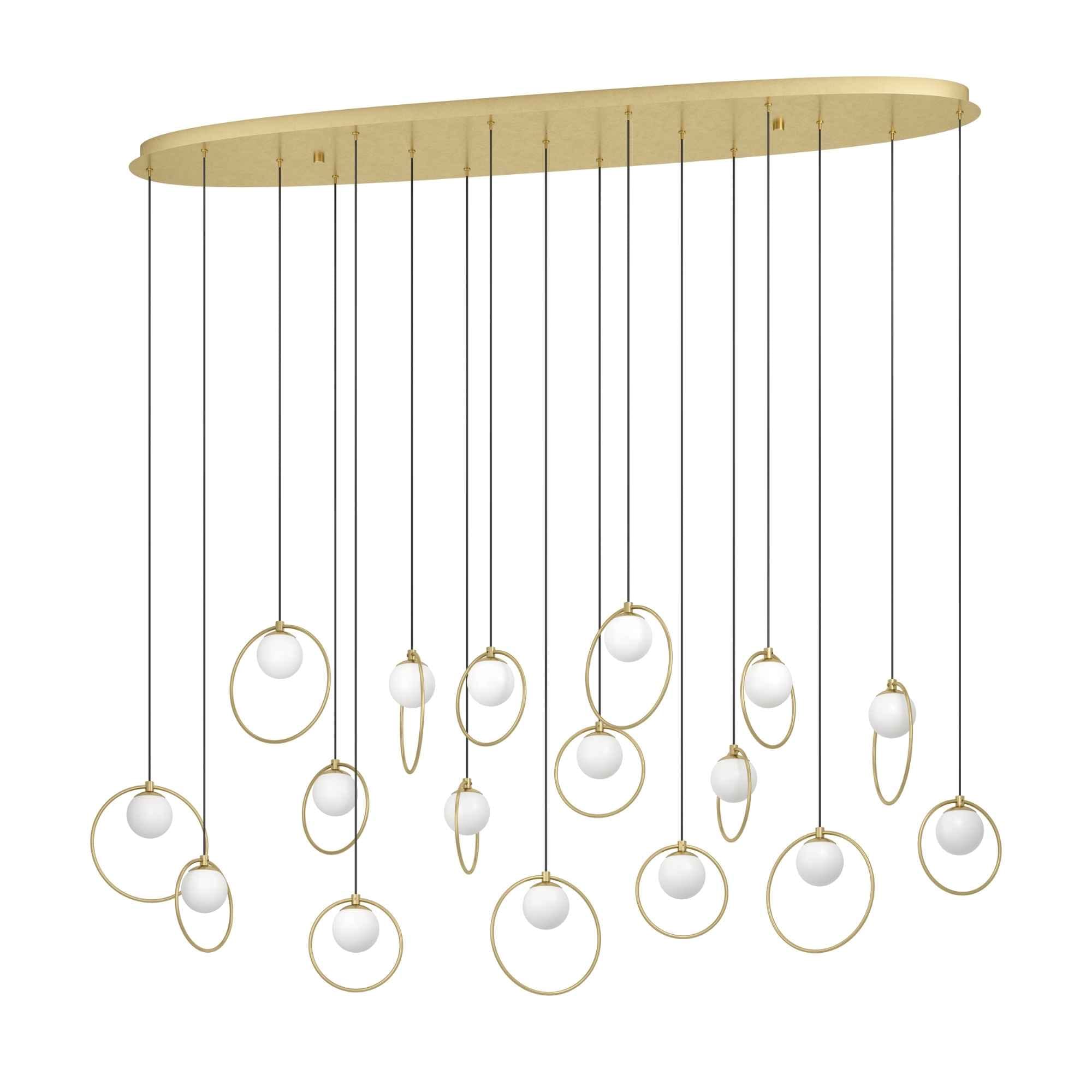 Lustra LED Portocolom Eglo 390348 cu 17 surse de lumină de 3W, flux luminos total 5950 lumeni, lumină caldă 3000K și globuri din sticlă opal mat, reglabilă pe înălțime până la 2200 mm.